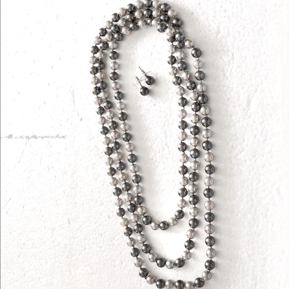 Shades of Gray Faux Pearl Necklace with Studs Earrings